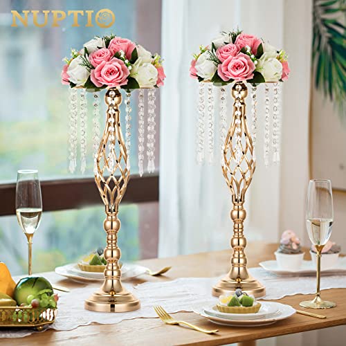Nuptio 2 Pcs Crystal Flower Stand Wedding Centerpieces for Tables, 21.7in/55cm Tall Elegant Metal Flower Arrangement Stand, Tabletop Metal Flower Vase for Wedding Party Dinner Event Hotel Home Decor - color: Gold, size: Large - 2 Pcs