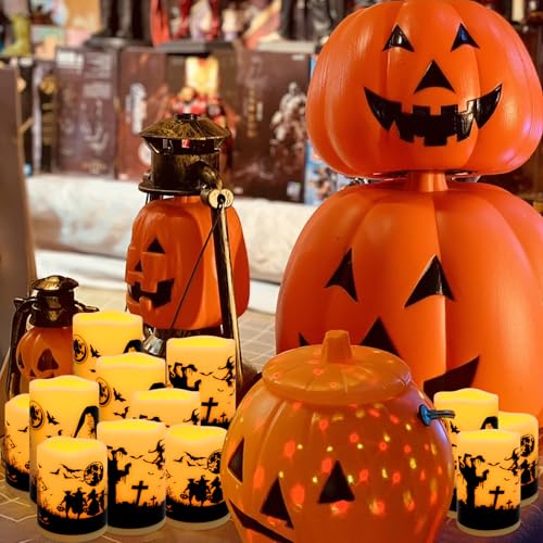 12-Pack Halloween Ink Painting Large Electronic Waxes with Remote Control, Flameless LED Candles for Halloween Spooky, Halloween Ambient Sense Artifacts. - color: 12Pack-halloween