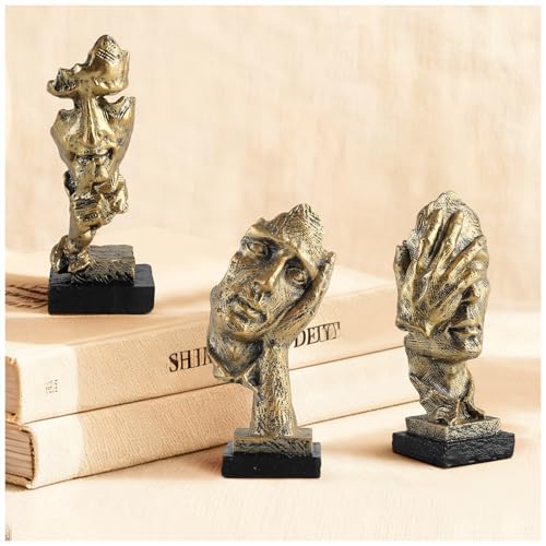 Modern Living Room Decoration - Gold Abstract Sculpture Decor for Shelves, Thinker Statues Set of 3, Resin Face Knick Knacks Home Decor for Office Bookshelf, Table, Gift for Friends - color: Gold Thinker Small Statue Set