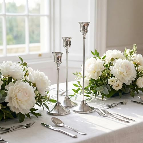 Set of 3 Silver Tapered Candle Holder,Candlestick Tall Metal Candlestick Holders for Table Centerpiece Home Decor for Wedding Fireplace Mantel Housewarming Gift Fits 3/4 Inch Thick Candles - color: Silver