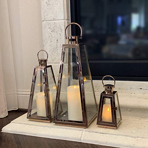 allgala Lantern Jumbo Deluxe Modern Indoor/Outdoor Candle Stainless Steel Rectangular Frame with Lattice Grid Tempered Glass for Garden Poolside Fireplace Wedding (Pack of 3, 24 Inch, Rose Gold) - color: Taper Rose Gold