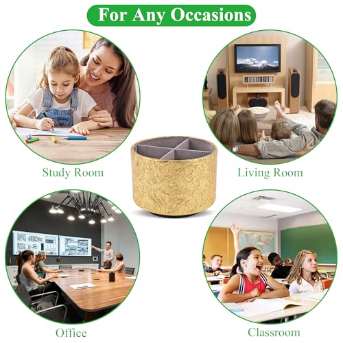 lizimandu Round Leather Art Supply Organizer,Remote Control Holder,360 Degree Spinning,Multi-Functional Pencil Holder,4 Compartments Desktop Stationary Organizer(1-Carved Gold) - color: 1-Carved Gold