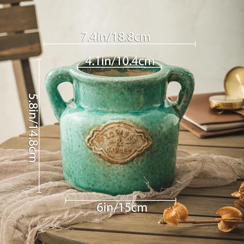 Green Rustic Ceramic Vase, 5.8 Inch Distressed Wide Mouth Vase with Ice Cracked Glazed, Farmhouse Vintage Flower Vases for Home Office Decor Living Room Bedroom Table Centerpiece Decorations - color: Green