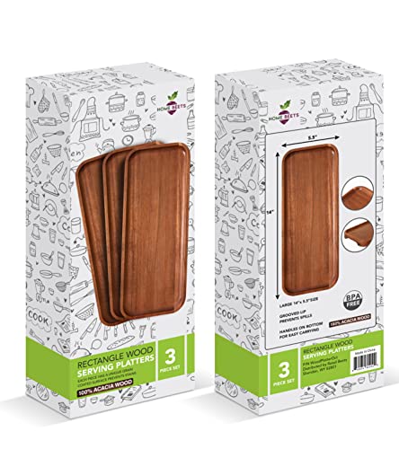 Solid Acacia Wood Serving Trays (14 x 5.5 inches) Rectangular Wooden Large Serving Platters for Food, Wooden Platter for Charcuterie, Appetizer Serving Tray, Wood Cheese Board (Set of 3 Plates) - size: Medium