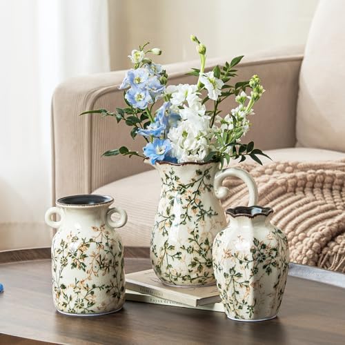for Mom from Daughter or Son, Ceramic Vase Set of 3, Green Chinoiserie Floral Pitcher Vases, Vintage Farmhouse Decor for Mantel, Fireplace, Kitchen Counter, Living Room, Bookshelf - color: 06-green and Beige-set of Three