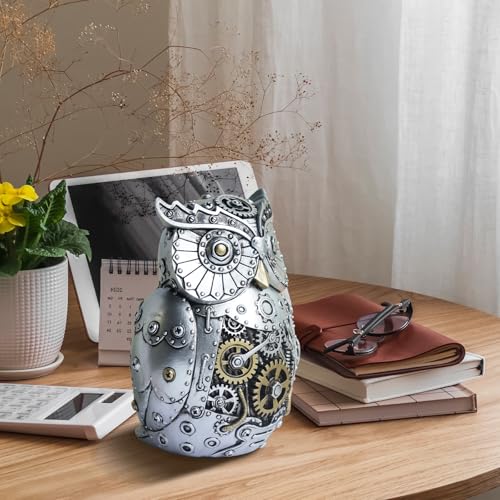 Pigort Unique Owl Statue Figurine - Mechanical Steampunk Style Polyresin Sculpture - 6.6-inch High - Ideal Gift for Boys and Boys' Room Decor