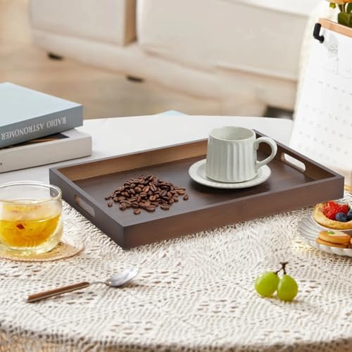 17.3‘’x11.8''x1.57''Large Bamboo Wooden Tray with Handles, Rectangular Natural Solid Wood, Walnut Brown Color Serving Tray.Suitable for Kitchen,Bedroom,Breakfast,Coffee,Decorative,Party Bars. - size: 17.3" x 11.8" x 1.6"