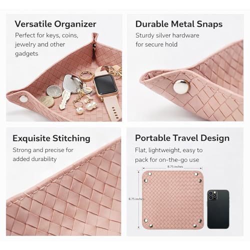 UnionBasic Small Valet Tray, Jewelry Tray for Rings Watches Earrings, Entryway Catchall Caddy for Coins Keys Change, Nightstand Bedside Valet Holder, Trays for Electronic Gadgets, Woven Pink - color: Woven Pink, size: 5.4" x 5.4" x 1.6"