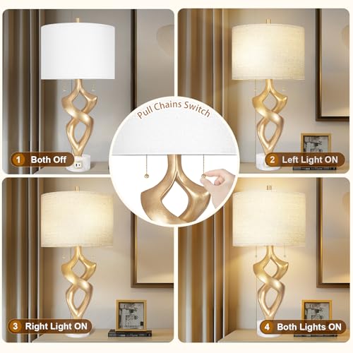 Scenekoy Sculptural Resin Table Lamp Set of 2 with USB Ports for Bedroom Living Room, 31” Big Gold Leaf Marble Base Bedside Lamps, Pull Chains Switch Modern Nightstand Lamp for Home Room Decor - size: 31 inches Gold Leaf -028-SL