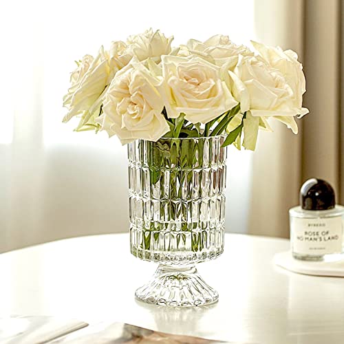 BLOFLO Embossed Glass Vase, 7'' Crystal Glass Vases, Pedestal Big Base Glass Bouquet Vase, Hydroponic Glass Transparent Vase for Home Office Wedding Dining Table Party (Ribbed Pattern) - color: Ribbed Pattern