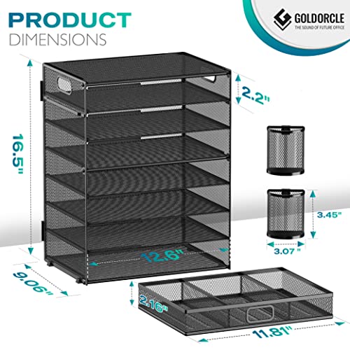 8 Tier Paper Letter Tray Organizer with Handles, Mesh Desk File Holder Storage Organization for Home School Classroom & Office (Black-with Drawer,Pen Holders) - color: Black-with Drawer,pen Holders