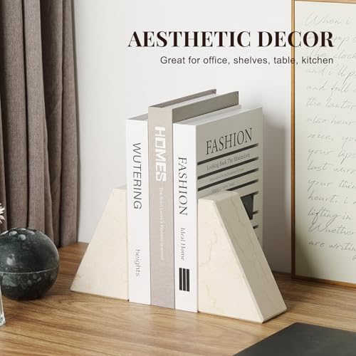 Koville Marble Bookends for Shelves, Large Bookends for Heavy Books, Non-Slip Heavy Duty Book Stopper for CD/Movies, Aesthetic Decorative Bookends for Shelves Table Home Decor(Beige) - color: Trapezoid-beige