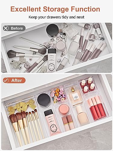 SMARTAKE 37-Piece Drawer Organizer with Non-Slip Silicone Pads, 4-Size Desk Drawer Organizer Trays Storage Tray for Makeup, Jewelries, Utensils in Bedroom Dresser, Office and Kitchen (Clear) - style: 37 PCS