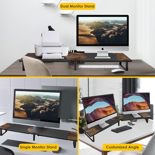 Across-Star Dual-Monitor Stand for Desk - Large Adjustable Length and Angle Riser for 2 Monitors, Double Computer Desktop Organizer, Shelf for TV, Laptop, Printer - color: Rustic Brown, size: 30.3-40.5‘’L*9.45‘’D*4.9‘’H