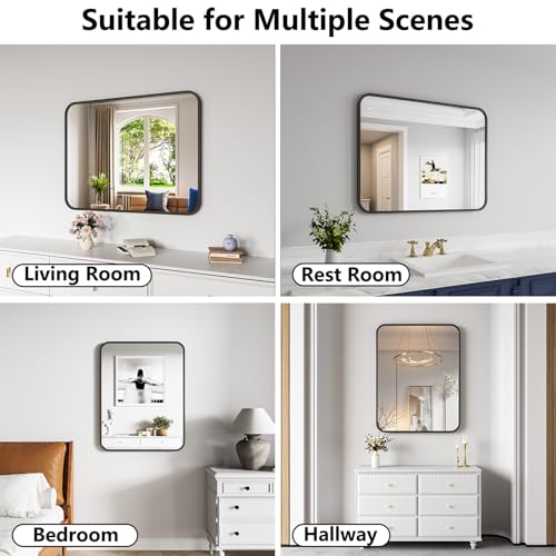 Koonmi Bathroom Mirror, 28X32 Inch Black Metal Framed Mirror for Bathroom, Tempered Glass, Anti-Rust, Rounded Rectangle Mirror for Restroom, Bedroom, Black - color: Rounded Edged, size: 32"L x 28"W