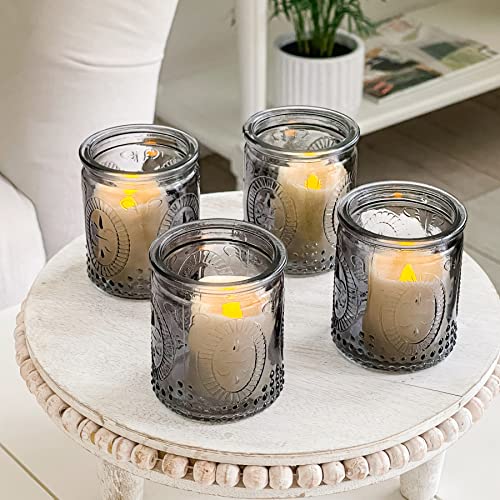 Kate Aspen Smoke Gray Vintage Glass Tealight Votive Candle Holders with Fleur-de-lis Design, Set of 8 - Perfect for Farmhouse Room & Shelf Decor - color: Smoke Gray, size: Set of 8
