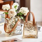 Handmade Leather - Handle Handbag - Style Glass Vase - Simple Elegance for Your Space(Amber) - color: Amber