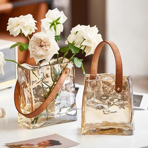 Handmade Leather - Handle Handbag - Style Glass Vase - Simple Elegance for Your Space(Amber) - color: Amber