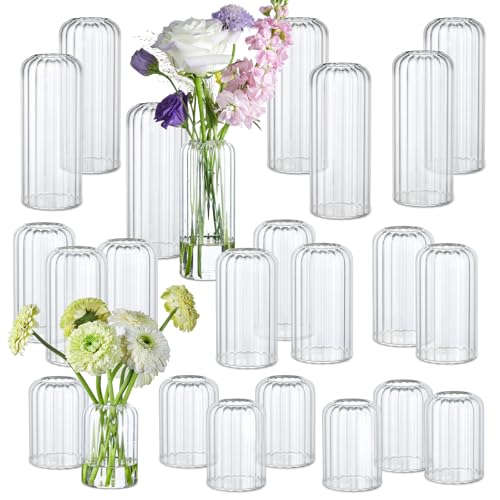 24Pcs Glass Cylinder Vases, Clear Ribbed Bud Vases for Centerpieces Weeding Decoration, Tall Clear Flower Vases in Bulk for Table Shelf, Party(Ribbed)