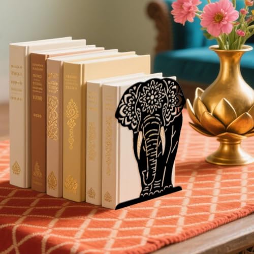 Peacoblue Metal Bookends for Shelves, Modern Decorative Heavy Duty Study Book Ends Stoppers for Office, Desk, Shelf, Room 5.3"x4.3"x7.9" Cast Iron Simple Tall Bookends 1 Pair (Mandala Elephant) - style: Mandala Elephant