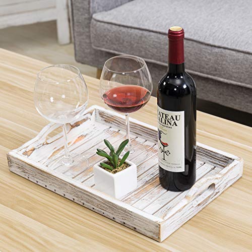MyGift Shabby Chic Whitewashed Wood Breakfast Serving Tray with Cutout Handles with Slatted Design, Breakfast Ottoman Coffee Table Tray, 16 x 11 Inches