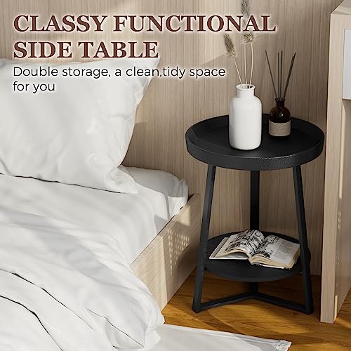 Gadroad Round End Table with Storage Shelf, 2 Tier Farmhouse Side Table Nightstand for Living Room, Bedroom, Wood Tabletop & Black Metal Frame, Black 15.7 * 15.7 * 23.0inches - color: Black, style: No Charging Station