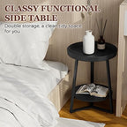 Gadroad Round End Table with Storage Shelf, 2 Tier Farmhouse Side Table Nightstand for Living Room, Bedroom, Wood Tabletop & Black Metal Frame, Black 15.7 * 15.7 * 23.0inches - color: Black, style: No Charging Station