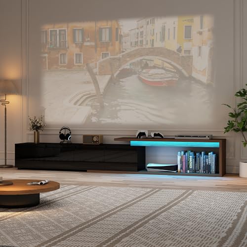 Extendable TV Stand with LED Light, Modern Entertainment Center for up to 120 Inch TV, Wood TV Media Console with 2 Drawers & 2 Cabinets for Living Room Bedroom, 75"-110", High Gloss Black & Walnut - color: High Gloss Black & Walnut