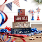 CroBlissful 4 Pcs 4th of July Decorations Patriotic Memorial Day Tabletop Decoration Red White Blue Table Centerpieces 250th Anniversary Wooden Fourth of July Sign for Office Tiered Tray Home Shelf - style: Independence