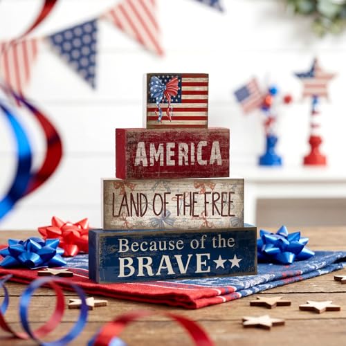 CroBlissful 4 Pcs 4th of July Decorations Patriotic Memorial Day Tabletop Decoration Red White Blue Table Centerpieces 250th Anniversary Wooden Fourth of July Sign for Office Tiered Tray Home Shelf - style: Independence