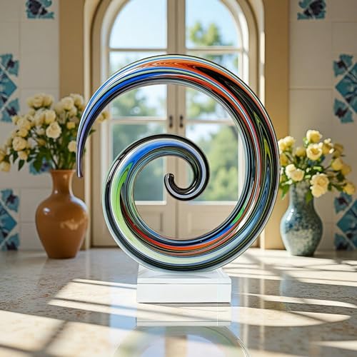 8.5" Handblown Colorful Swirl Art Glass Sculpture - Modern Abstract Indoor & Outdoor Centerpiece for Living Room, Office, Shelf Decor, Housewarming Gift