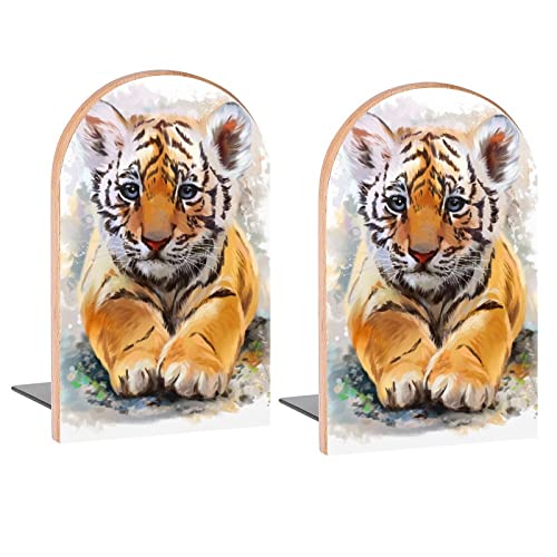 Cute Little Tiger Cub Book Ends Decorative Wood Bookends for Shelves Kids Room Desk Home Office Book Stoppers for Magazines,Books, DVDs, 1 Pair/2 Pieces(5x3.1 in) - color: Little Tiger Cub
