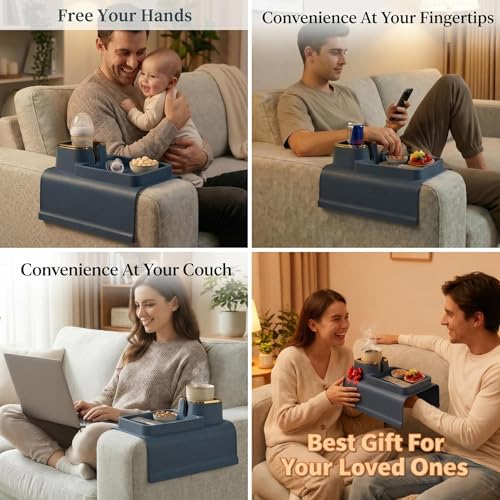 Luxury Gold Trim Couch Cup Holder Tray - Weighted Silicone Anti-Spill Sofa Armrest Organizer, Non-Slip Recliner Tray Table for Drinks, Remote, Phone - Fits Most Couch Arms, Home Gift,Blue - color: Blue