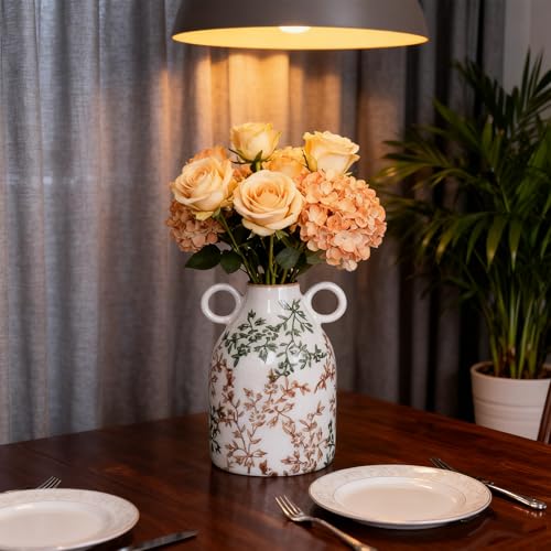 Green Floral Ceramic Vase with Handle, Nordic Boho Small Vases Side Table Flower Centerpiece, Wide Mouth Single Flower Vase Pampas Grass Decorative - for Home Window Sill Living Dining Room Kitchen - color: Green Floral