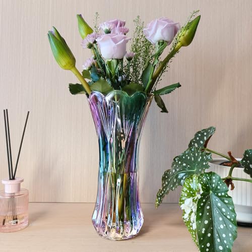 11.2 Inch Glass Vase-Iridescent Purple and Teal Thickened Cylinder Colorful Flower Vase Decor for Home Dining Table Centerpiece Office Wedding Holiday Party - color: Phoenix Tail Pattern-purple and Teal Iridescent, size: Tall