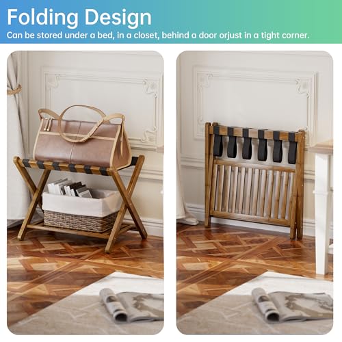 SMIBUY Luggage Rack, Foldable Bamboo Suitcase Stand with Storage Shelf for Guest Room, Bedroom, Hotel, Heavy-Duty, 1 Pack (Walnut) - color: Walnut