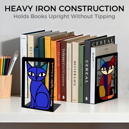 GUSFREUD Metal Cat Bookends Set of 2 – Decorative Cat Metal Book Ends for Shelves, The Mewsons Family Collection, Modern Cat Bookends for Living Room, Office & Bedroom