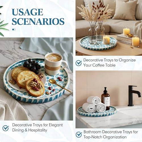 Chunful Mother of Pearl Round Serving Tray Wood Coffee Table Tray 10.4 Inch for Tea Breakfast Kitchen Cabinet(Teal Floral Style) - style: Teal Floral Style