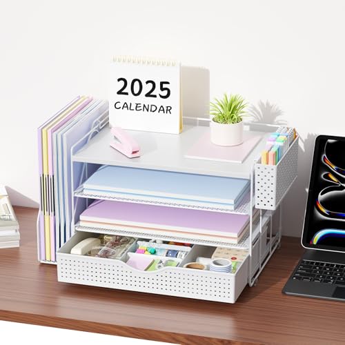 gianotter Wood Desk Organizers and Accessories with File Holder, 4-Tier Desk Accessories & Workspace Organizers with Drawer and Pen Holder, Paper Organizer for Office Supplies (White) - color: White