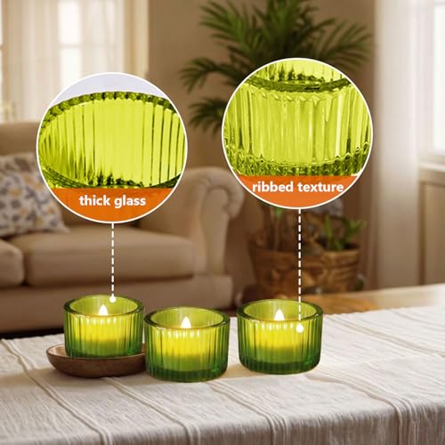 JOYIT Green Votive Candle Holders Bulk Set of 12, Tealight Candle Holder for Wedding Table Centerpiece, Glass Small Candle Holders for Birthday Party, Valentine's Day, Home Decor (2''X 1.4'') - color: Green