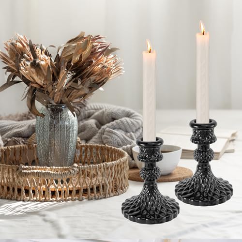 Glass Candlestick Holders Set of 2，Taper Candle Holders Fit 0.8 Inch Candles, Crystal Decorative Candle Stand Centerpiece for Table Wedding Dinning Party 4 Inch Tall (Black) - color: Black