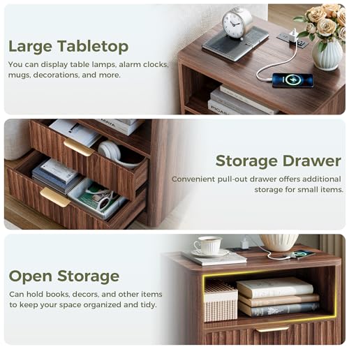 IRONCK Fluted Night Stand Set of 2, Modern Nightstand with Charging Station, Drawers and Open Shelves - Bedside Table Wood Side Table Set for Bedroom (Walnut) - color: Walnut