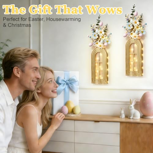 HOMECOR Easter Wall Decor Set of 2 - Boho & Modern Farmhouse Hanging Wooden Vase with Fairy Lights & Artificial Plants, Spring Wall Art for Living Room, Bedroom, Bathroom, Mothers Day Home Decor Gift - style: Flower - Easter Wall Decor
