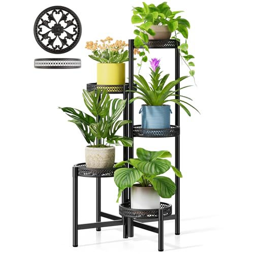 Plant Stand Indoor Outdoor, 5 Tier Corner Metal Flower Display Holder Shelf, Folding Tall Rack for Patio Balcony Porch Garden Living Room House, Heavy Duty Wrought Iron Plant Shelf- BlackWave - color: BlackWave, size: 5-Tiers