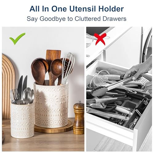 LOVECASA Utensil Holder, 7.2"+5.4" Ceramic Utensil Holder for Countertop, Large Cooking Utensil Crocks for Kitchen Counter, Farmhouse Utensil Vase for Housewarming, Kitchen Decor, Set of 2, Oasis - color: Oasis, size: 7.2"+5.4" (Set of 2)