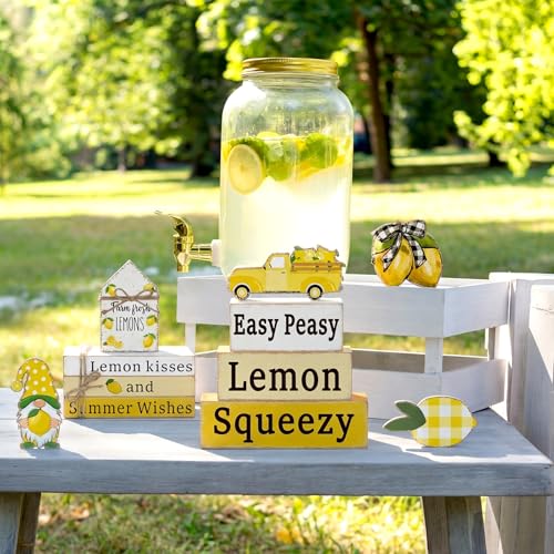 Vercraft 11 Pcs Lemon Table Decorations Set Lemon Tiered Tray Decor Summer Wooden Top Farmhouse Rustic Wooden Coffee Table Centerpieces for Home Kitchen Office Decorations - style: Lemon