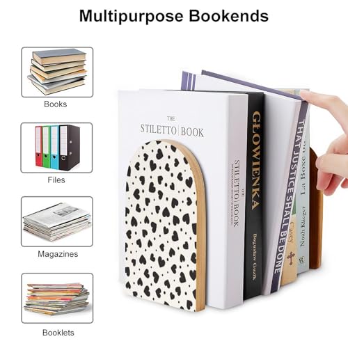 Wooden Bookends 2 Pcs,Black Hearts and Cute Dots Heavy Duty Office Book Ends Anti Slip Book Shelf Holder with Metal Base Decorative Book Stands - color: Black Hearts and Cute Dots