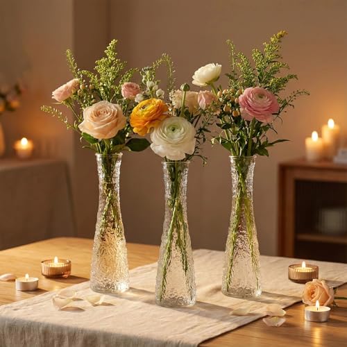 Glass Bud Vases Bulk 12 Pcs - Clear Ribbed Wedding Centerpiece Vases, Small Flower Vases for Table Decor, Party Events & Home Decor