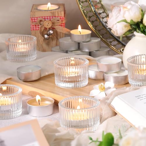 HAVITI 36 Pcs Clear Tealight Candle Holders with 36PCS Tea Lights Candles, Glass Votive Candle Holders Set for Table Centerpiece, Home Decor and Party Supplies - color: Clear