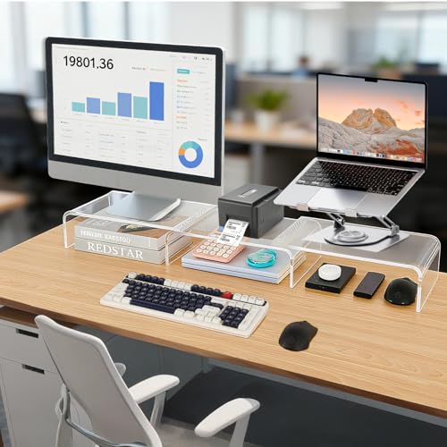 LEKETREE Acrylic Monitor Stand , Clear Monitor Stand for Desk, Computer Accessories for Home Office, Desk Organizer Shelf for Laptop, PC, Multi Media and more - color: Clear